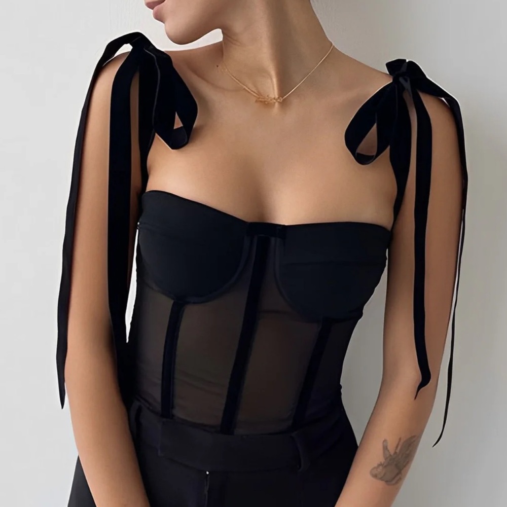 Black Tie-Shoulder Mesh Corset Crop Top